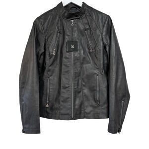 Tagoo Vegan Faux Leather Gray Biker Moto Zip Up Grunge Jacket NWT Large